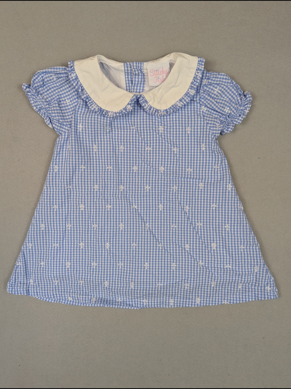 Stitchy Fish Girls Blue Gingham Cross A-Line Dress Size 24 Mo Easter Baptism